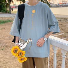 YT26013-P30亚麻短袖t恤男大码五分袖男宽松七分袖港风模特，男装T恤，电商A040