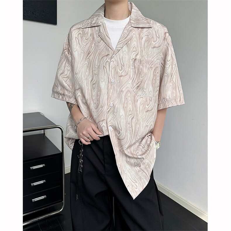 8XL-M冰丝古着感波浪纹短袖衬衫男宽松休闲沙滩古巴领衬衣CS528，男装衬衫，电商D206-1