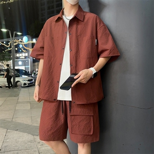 夏季薄款冰丝短袖衬衫情侣短袖短裤两件套装 A455P65图片