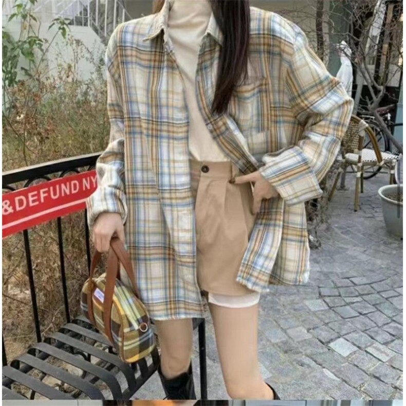 TC784-P45格子衬衫女复古港味春秋季新款宽松韩版长袖叠穿外套,男装衬衫,星座617A-2