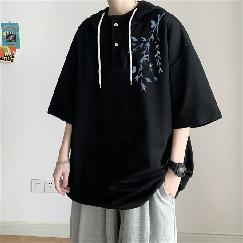 夏季港风冰丝宽松连帽短袖t恤五分体恤上衣TLM442-P40控58,男装T恤,电商B370