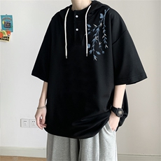 夏季港风冰丝宽松连帽短袖t恤五分体恤上衣TLM442-P40控58，男装T恤，电商B370