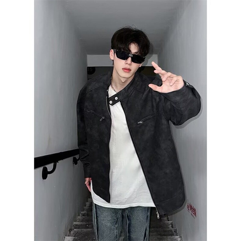 J418-P60美式潮流皮衣外套男春秋季新款复古百搭拉链宽松机车服,男装皮衣,电商B323A