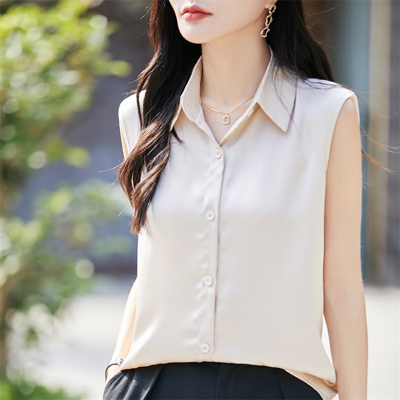 衬衫女设计感小众春夏季新款气质缎面无袖上衣通勤职业衬衣打底衫,女装背心吊带,佳绒高端店