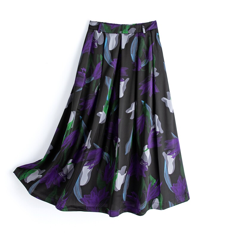 缎面印花松紧腰气质半裙女，女装半身裙，水衣源