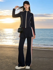 小个子穿搭时尚套装女春季新款条纹拼接开衫外套屁帘微喇裤三件套，女装套装/套裙，江南