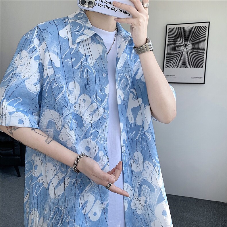 现货！夏季薄款翻领花衬衫短袖男抖音得物可送样EX50558-特P30,男装衬衫,电商A061