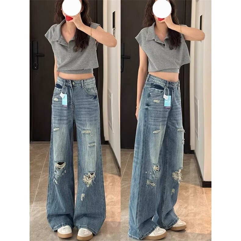 美式复古破洞阔腿牛仔裤女2025新款夏季高腰显瘦宽松直筒拖地裤子,男装牛仔裤,星座1210-1