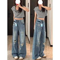 美式复古破洞阔腿牛仔裤女2025新款夏季高腰显瘦宽松直筒拖地裤子，男装牛仔裤，星座1210-1
