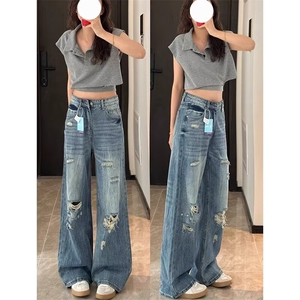 美式复古破洞阔腿牛仔裤女2025新款夏季高腰显瘦宽松直筒拖地裤子,LIGTIME品牌穿搭夏天裤子图片