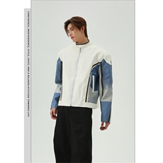 立领垫肩牛仔拼接机车PU皮衣夹克男2025春秋新款小众宽松痞帅外套，男装夹克，星座505-2（原电商A260-1)