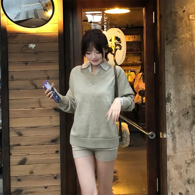 重磅北极绒假两件衬衫领毛衣美式高街复古休闲慵懒纯色翻领针织衫,男装针织衫/毛衣,电商A486