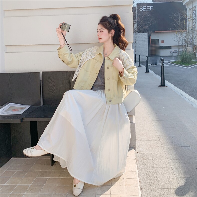 新品~奶黄色短外套配蕾丝披肩28631-P149-K248,女装短外套,2B076
