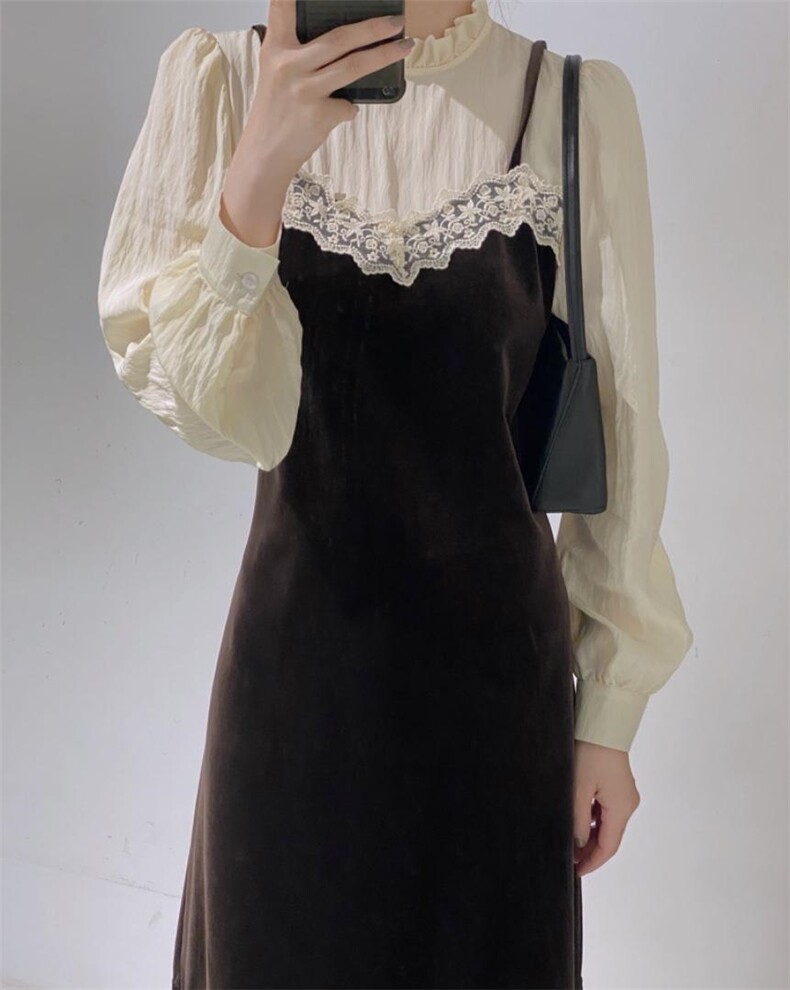 拼接丝绒鱼尾连衣裙，女装连衣裙，驿谷