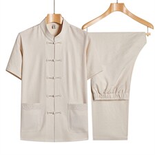 中老年唐装男士爸爸夏装短袖风棉麻套装爷爷夏季老人衣服薄款，男装休闲套装，电商B212（原钱塘6029）