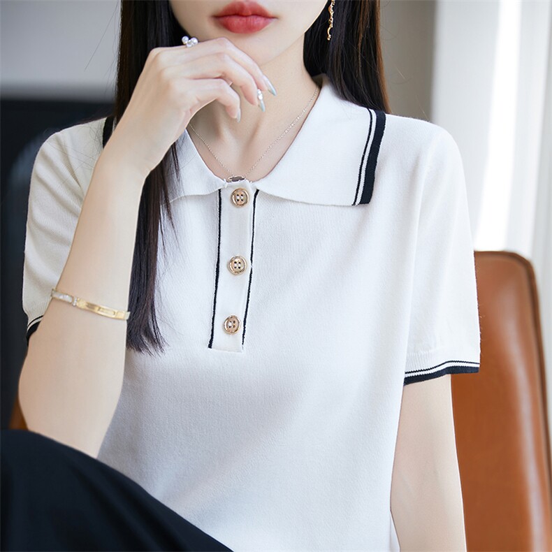 polo领拼色短袖2025夏季新款减龄t恤女士洋气别致上衣服,女装T恤,广悦羊绒