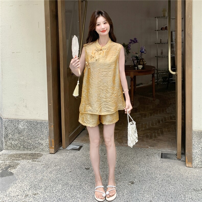 新中式国风黄色短裤套装女夏2025新款小个子两件套大方得体高级感,女装套装/套裙,2C135