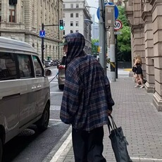 C260-P65秋季休闲格子衬衫男女宽松潮流美式复古连帽外套长袖，男装衬衫，电商B323A