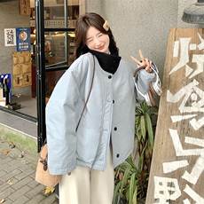 蓝色设计感针织拼接立领羽绒服女2025冬新款宽松加厚保暖白鸭绒服，女装短外套，2C129