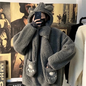 新款小熊卫衣女设计感连帽围巾冬季加厚潮羊羔绒男士外套M04-P78图片
