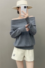 2025年秋季甜美长袖时尚百搭一字露肩领，女装针织衫/毛衣，织绒羊