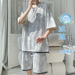 特批P55无差价25夏季百搭冰感冰丝扎染假两件大码两件套男TZ5362图片