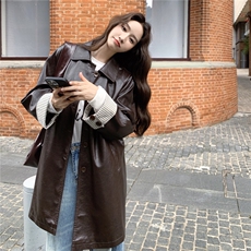 巨好看条纹拼接翻领风衣式皮衣外套女春秋季2025新款韩系绝美大衣，女装皮衣，2C261