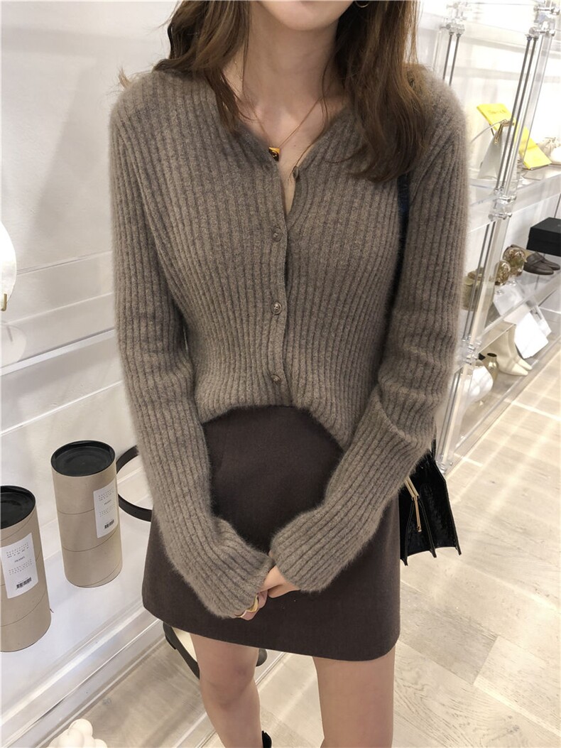 V领百搭加厚纯毛竖条开衫慵懒风纯色针织外套,女装羊毛衫,欣美羊绒
