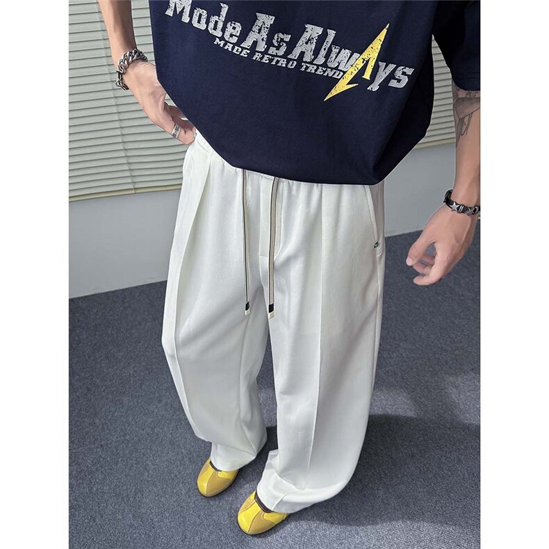 夏季冰丝坠感弯刀裤褶皱显高显瘦长裤男士设计小众百搭休闲裤P55,男装休闲裤,电商C306-1
