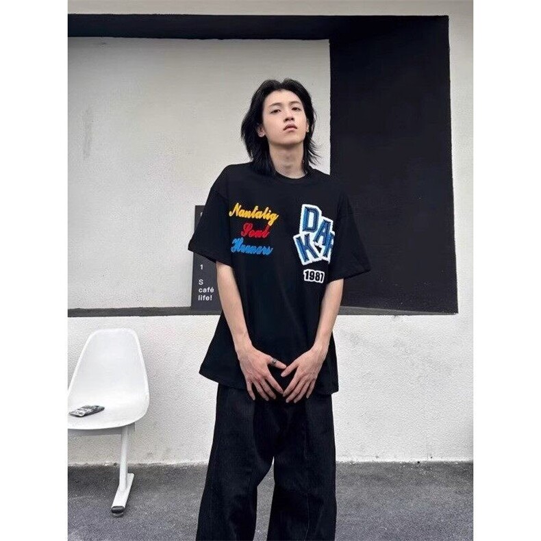 Q190/P42毛巾绣&发泡印花230克纯棉大落肩版型短袖T恤,男装T恤,星座1506
