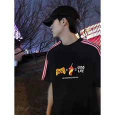抖音得物品质二开240克宽松纯棉美式潮牌印花三条杠中性风短袖T恤，男装T恤，电商A486