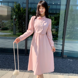 现货2024年春季女新甜美时尚复古印花修身显瘦网红假两件连衣裙图片