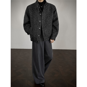 鱼骨条纹呢子内胆加棉加厚棉衣宽松立领棉服A170-N63-P118图片