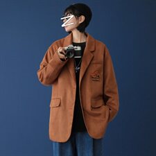 小熊胸针外套男西服秋冬刺绣麂皮绒网红炸街宽松西装mj404-p100，男装西服，电商B288