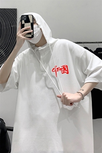 LD54276-P45 连帽短袖t恤男大码胖子带帽五分袖中袖图片