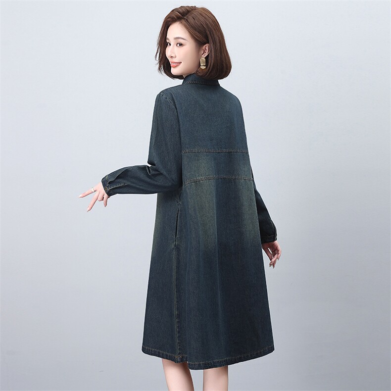 牛仔连衣裙女2025春秋新款休闲宽松遮肚时尚气质妈妈长袖翻领裙子,女装连衣裙,希欧阁