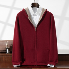 2025年秋冬季男士羊毛衫双面双色双穿加厚连帽羊毛开衫外套时尚，男装针织衫/毛衣，星纬羊绒