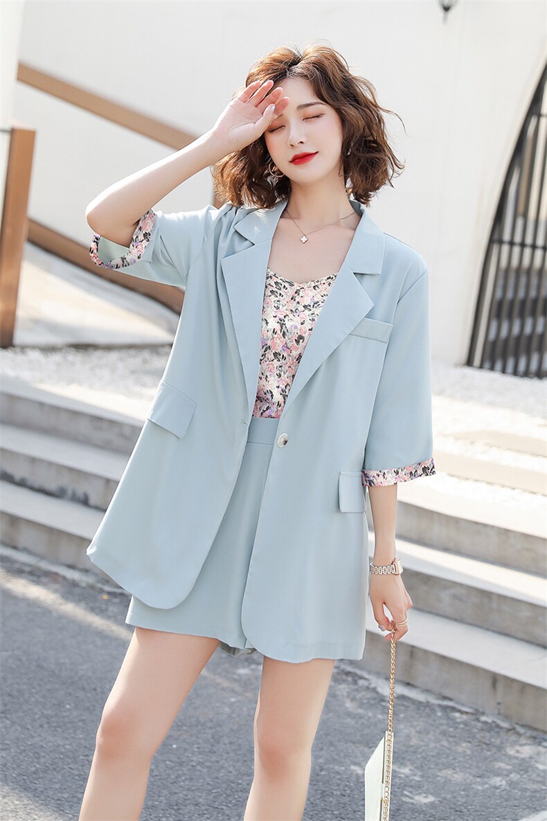2021年夏季韩版洋气雪纺碎花吊带显瘦小凤香西装短裤三件套女装,女装套装/套裙,瑶迪依秀
