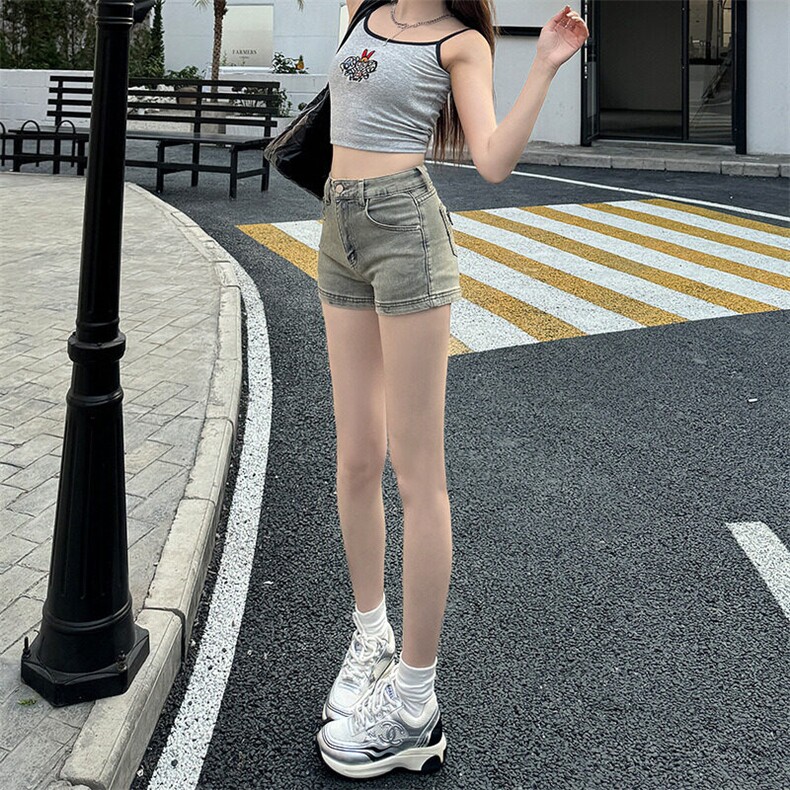 复古高腰牛仔短裤女春季2025年新款宽松显瘦辣妹a字紧身显瘦热裤,女装牛仔裤,星座506