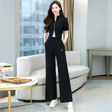 尾货通勤大牌外贸高端专柜牛货新款长袖撞色拉链上衣配阔腿裤套装，女装套装/套裙，卡杰菲