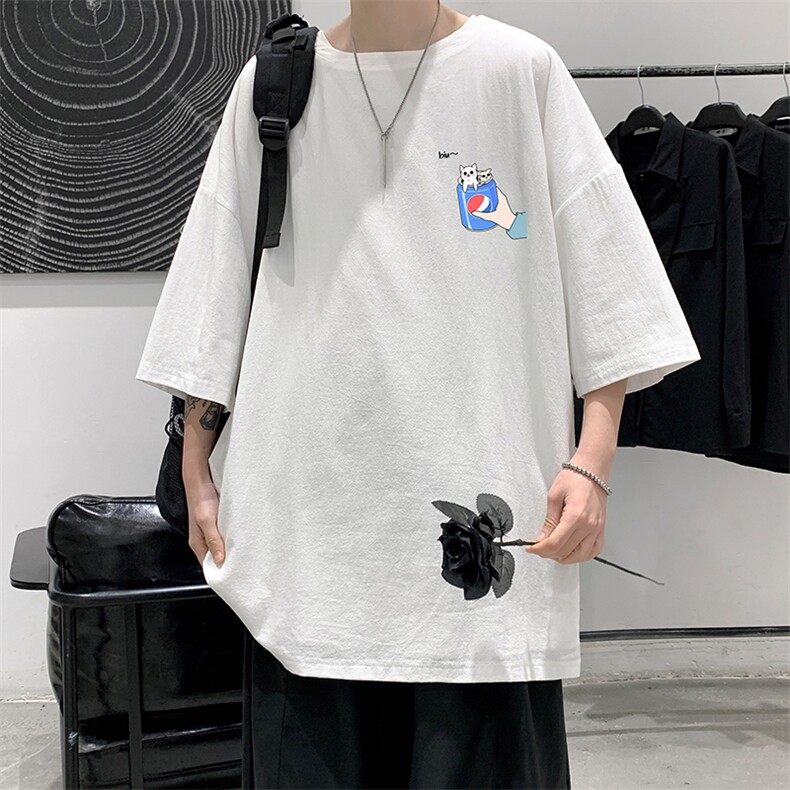 YT26262-P30亚麻短袖t恤男大码五分袖男宽松七分袖港风模特,男装T恤,电商A040
