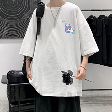 YT26262-P30亚麻短袖t恤男大码五分袖男宽松七分袖港风模特，男装T恤，电商A040