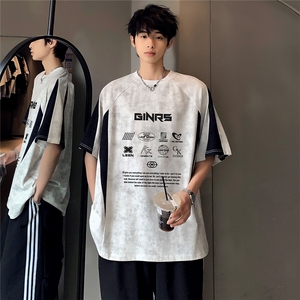 圆领百搭拼接高级时尚撞色吊染美式复古男女同款短袖T恤T145-P35图片