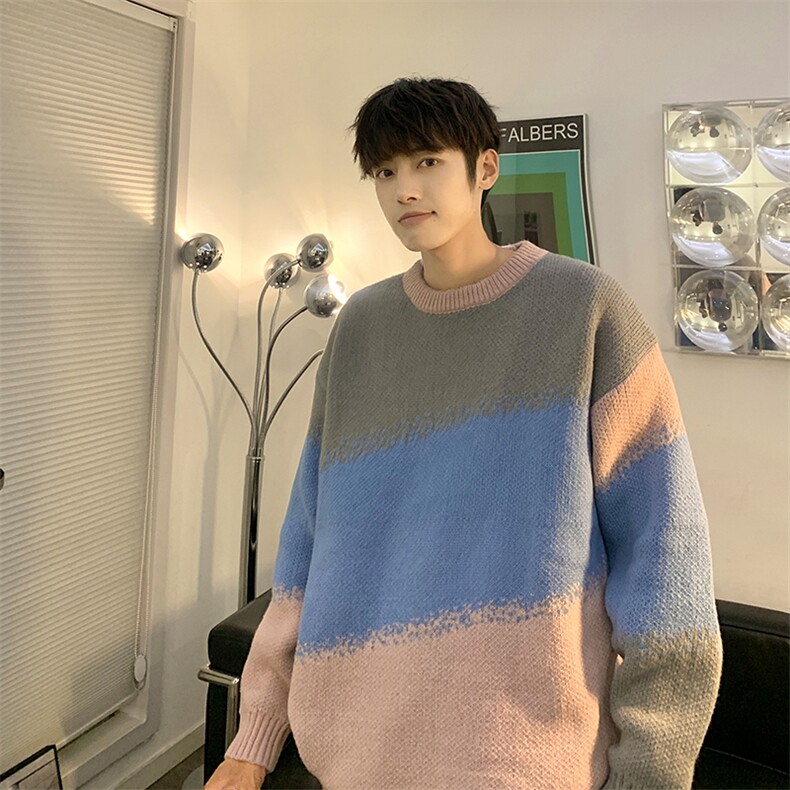 MY151-P45慵懒风拼色宽松型圆领毛衣，男装针织衫/毛衣，星座1501-1