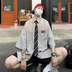 ！高品质宽松条纹衬衫潮流短袖衬衣送领带CS68-P35，男装衬衫，星座1109-3