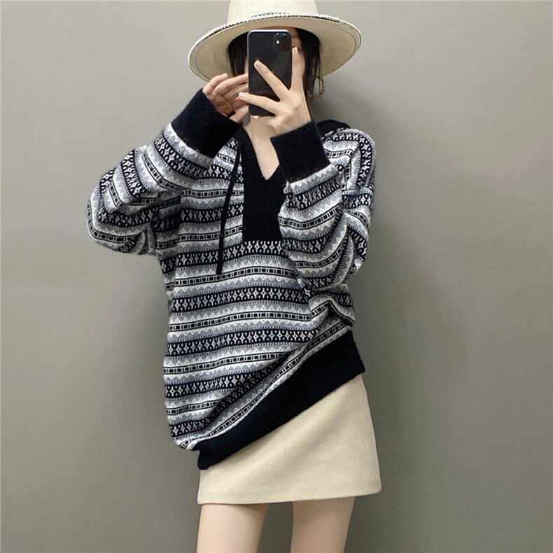 2025百搭时尚简约中长款费尔岛帽衫针织羊绒衫，女装羊绒衫，国旺羊绒