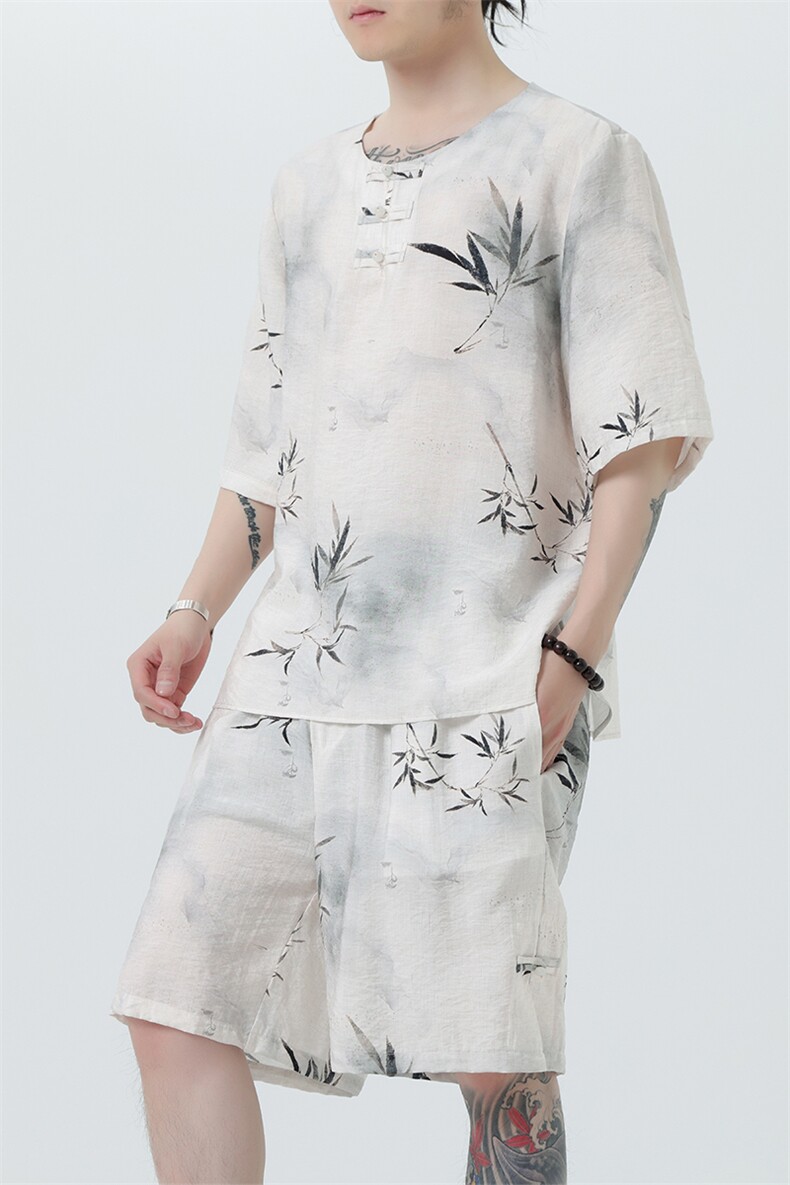 2025夏季新款男装风冰丝印花盘扣唐装套装短袖+短裤A103-P80,男装休闲套装,电商B277(原6028)