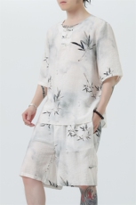 2025夏季新款男装风冰丝印花盘扣唐装套装短袖+短裤A103-P80，男装休闲套装，电商B277(原6028)