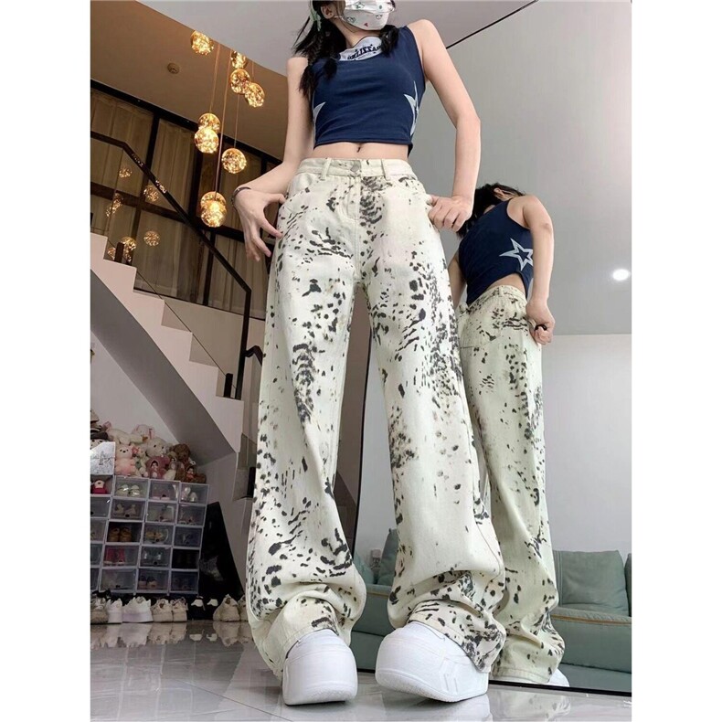 美式复古豹纹设计感牛仔裤女新款辣妹宽松直筒阔腿裤NA1850,男装牛仔裤,星座1116A（原606A-3）