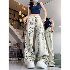 美式复古豹纹设计感牛仔裤女新款辣妹宽松直筒阔腿裤NA1850，男装牛仔裤，星座1116A（原606A-3）